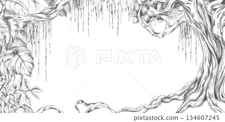Rectangular frame with an old tree, vines, and tropical leaves. Isolated pencil illustration for event invitation design, eco-hotel print design, poster printing, and menu design. Rectangular frame with an old tree, vines, and tropical leaves. Isolated pencil illustration for event invitation design, eco-hotel print design, poster printing, and menu design. 134607245