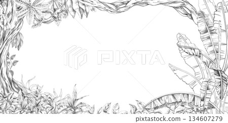 A rectangular frame with large banana tree leaves, a mighty tree trunk, and vines. Isolated pencil illustration for event invitations, eco-hotel print design, poster printing, and menu design. 134607279