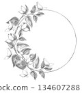 A circular wreath with curved tropical plants and butterflies. Isolated pencil illustration for event invitations, eco-hotel print design, poster printing, and menu design. 134607288