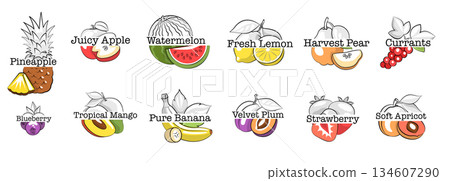 Vintage Fruit Logo Vector Set with Hand Drawn Illustrations and Creative Text Compositions for Branding, Farm-Themed Templates Vintage Fruit Logo Vector Set with Hand Drawn Illustrations and Creative Text Compositions for Branding, Farm-Themed Templates 134607290