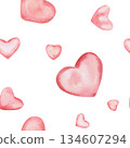 Seamless pattern with hearts. Hand-drawn watercolor illustration for card design, packaging, and fabric printing for Valentine's Day, weddings, and anniversaries. 134607294