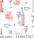 Seamless pattern with wine bottles and glasses against a splash background. Hand-drawn watercolor illustration for hotel interior design, fabric printing, and packaging. 134607307
