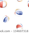 Seamless pattern with beach balls. Hand-drawn watercolor illustration for hotel interior design, children's rooms, fabric printing, and packaging. 134607318