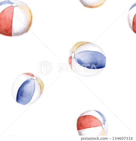 Seamless pattern with beach balls. Hand-drawn watercolor illustration for hotel interior design, children's rooms, fabric printing, and packaging. 134607318