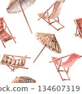 Seamless pattern with beach umbrellas and sun loungers. Hand-drawn watercolor illustration for hotel interior design, fabric printing, packaging, and travel brochures. 134607319