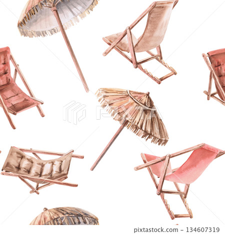 Seamless pattern with beach umbrellas and sun loungers. Hand-drawn watercolor illustration for hotel interior design, fabric printing, packaging, and travel brochures. 134607319