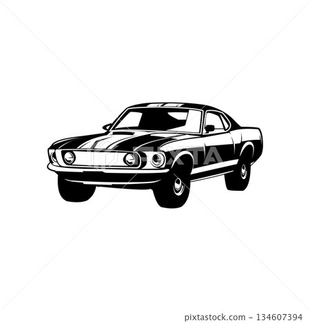 Muscle car logo. Isolated, badge, emblem, side view. Monocrome premium vector design Muscle car logo. Isolated, badge, emblem, side view. Monocrome premium vector design 134607394