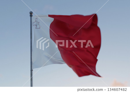 Malta national flag waving in the wind against a clear blue sky, symbolizing freedom, heritage, and pride. Patriotic concept. Travel, creative idea. Politics and Ethnicity 134607482