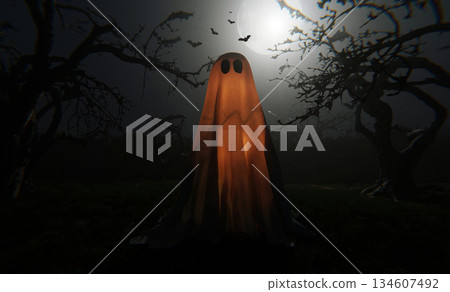 Dark haunted forest under moonlight with glowing ghost figure among twisted trees, bats flying in the misty night sky, creating a mysterious and spooky Halloween atmosphere. Dark haunted forest under moonlight with glowing ghost figure among twisted trees, bats flying in the misty night sky, creating a mysterious and spooky Halloween atmosphere. 134607492