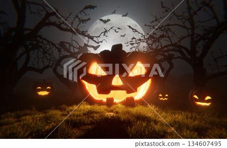 Glowing jack-o'-lanterns in a dark spooky forest under a full moon with flying bats. Mysterious Halloween night atmosphere with eerie light and shadows, perfect for holiday and horror themes. Creative 134607495