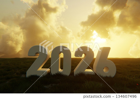 2026 standing on grass at sunrise, symbolizing the new year, future, hope, and fresh beginnings. Concept of progress, optimism, and forward-looking vision. Happy New Year 2026, creative idea 134607496