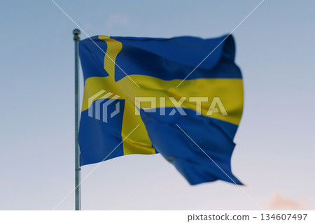 National flag of Sweden waving in the wind against a clear sky, symbolizing patriotism, independence, national pride, and unity. Freedom, creative. Travel, concept National flag of Sweden waving in the wind against a clear sky, symbolizing patriotism, independence, national pride, and unity. Freedom, creative. Travel, concept 134607497