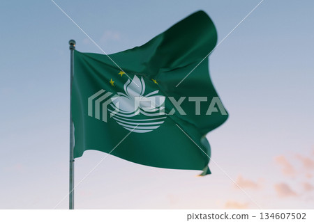 National flag of Macau waving in the wind against a clear sky, symbolizing patriotism, independence, national pride, and unity. 134607502