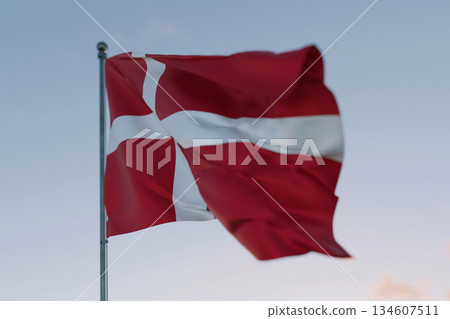 National flag of Denmark waving in the wind against a clear sky, symbolizing patriotism, independence, national pride, and unity.  Freedom, creative. Travel, concept 134607511