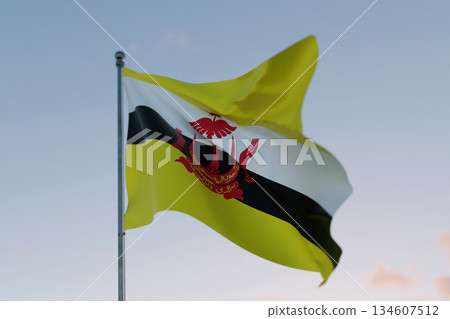 National flag of Brunei waving in the wind against a clear sky, symbolizing patriotism, independence, national pride, and unity.  Freedom, creative. Travel, concept 134607512