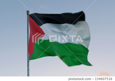 National flag of Palestine waving in the wind against a clear sky, symbolizing patriotism, independence, national pride, and unity. Freedom, creative. Travel, concept National flag of Palestine waving in the wind against a clear sky, symbolizing patriotism, independence, national pride, and unity. Freedom, creative. Travel, concept 134607516