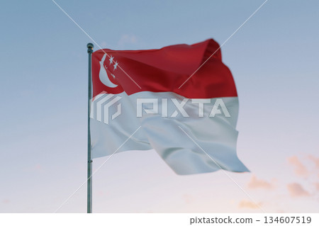 National flag of Singapore waving in the wind against a clear sky, symbolizing patriotism, independence, national pride, and unity. National flag of Singapore waving in the wind against a clear sky, symbolizing patriotism, independence, national pride, and unity. 134607519