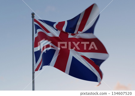 National flag of United Kingdom waving in the wind against a clear sky, symbolizing patriotism, independence, national pride, and unity.  Freedom, creative. Travel, concept 134607520