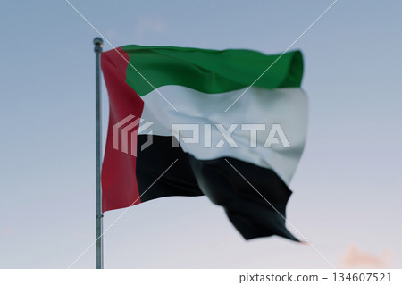 National flag of UAE waving in the wind against a clear sky, symbolizing patriotism, independence, national pride, and unity. Freedom, creative. Travel United Arab Emirates, concept National flag of UAE waving in the wind against a clear sky, symbolizing patriotism, independence, national pride, and unity. Freedom, creative. Travel United Arab Emirates, concept 134607521