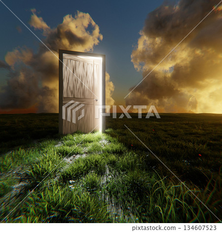 Open door with bright light in a green field under sunset clouds. Concept of opportunity, freedom, new beginning, and transition to a better future. Creative idea of hope, new opportunities. Open door with bright light in a green field under sunset clouds. Concept of opportunity, freedom, new beginning, and transition to a better future. Creative idea of hope, new opportunities. 134607523