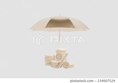Gold coins with interest under a golden umbrella on a white background, concept. Bank deposits and interest-bearing investments, creative idea. Insurance, financial technology, and economics. Money. 134607524