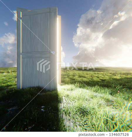 Open wooden door standing in a green field with bright light shining through, symbolizing opportunity, hope, new beginnings, and the unknown future. Dreamy landscape with blue sky and clouds. Open wooden door standing in a green field with bright light shining through, symbolizing opportunity, hope, new beginnings, and the unknown future. Dreamy landscape with blue sky and clouds. 134607526