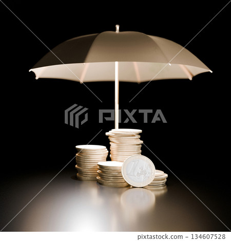 Stacks of euro coins protected by an umbrella on a dark background, symbolizing financial security, savings protection, investment safety, and economic stability concepts. Finance, creative idea Stacks of euro coins protected by an umbrella on a dark background, symbolizing financial security, savings protection, investment safety, and economic stability concepts. Finance, creative idea 134607528