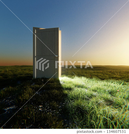 Open wooden door glowing with bright light in the middle of a green field under a evening sky. Concept of hope, new opportunities, freedom, and a fresh beginning. Creative idea Open wooden door glowing with bright light in the middle of a green field under a evening sky. Concept of hope, new opportunities, freedom, and a fresh beginning. Creative idea 134607531