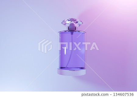 Elegant glass perfume bottle with purple liquid and crystal cap on soft pink and violet background. Luxury fragrance concept, beauty, fashion, and cosmetic product design. Elegant glass perfume bottle with purple liquid and crystal cap on soft pink and violet background. Luxury fragrance concept, beauty, fashion, and cosmetic product design. 134607536