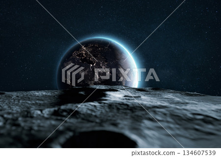 New space lunar mission. Landscape of the moon with stones and craters on the moon surface. Blue planet earth view from the moon. Moon, concept. Amazing Moon and Earth from space, creative idea New space lunar mission. Landscape of the moon with stones and craters on the moon surface. Blue planet earth view from the moon. Moon, concept. Amazing Moon and Earth from space, creative idea 134607539