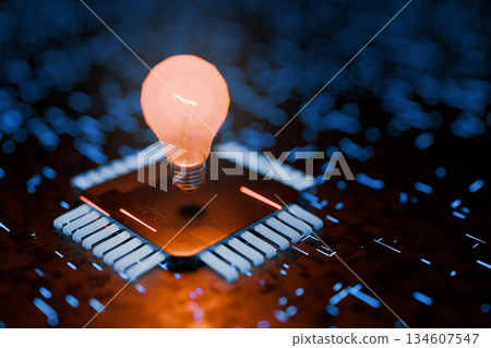 Glowing light bulb with cpu on a microchip symbolizing innovation, technology, creativity, and new ideas in the digital age, representing artificial intelligence, research, and futuristic concepts. Glowing light bulb with cpu on a microchip symbolizing innovation, technology, creativity, and new ideas in the digital age, representing artificial intelligence, research, and futuristic concepts. 134607547