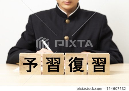 A block with the words "Preparation and Review" written on it and a male student 134607582