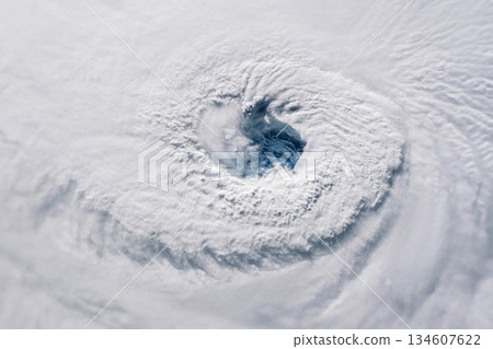 Hurricane Melissa 2025. Powerful hurricane seen from space with a clearly defined eye. Super Typhoon, tropical storm, cyclone, hurricane, tornado, over ocean. Weather background. Typhoon, storm 134607622