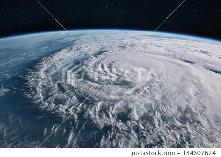 Super Typhoon, tropical storm, cyclone, hurricane, tornado, over ocean. Weather background. Hurricane Melissa 2025. Powerful hurricane seen from space with a clearly defined eye 134607624