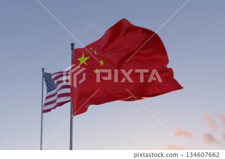 Flags of China and the United States waving in the wind against a blue sky, representing diplomacy, global partnership, and international relations between two nations.Crisis, sanctions and duties 134607662