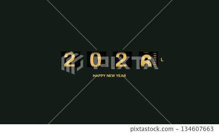 Gasoline meter 2026, creative idea. Fuel column, concept. Counter golden 2025 changes to 2026 on dark green background. Happy New Year 134607663