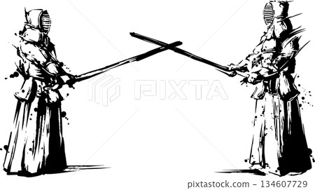 劍道比賽的水墨插圖 134607729