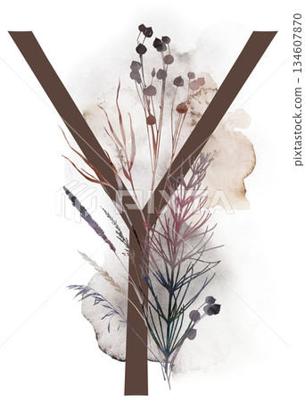 Capital letter Y with watercolor autumn leaves and grass in earth tones, winter wedding illustration 134607870