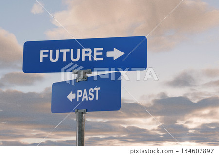 Blue road signs showing Future and Past with arrows pointing in opposite directions, symbolizing choice, time, progress Blue road signs showing Future and Past with arrows pointing in opposite directions, symbolizing choice, time, progress 134607897