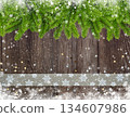 Christmas or New Year greeting card. Branches of spruce and ribbon with snowflakes and golden star 134607986
