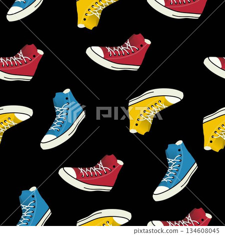 Seamless pattern cheerful multi-colored sneakers on a black background 134608045