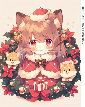 聖誕花圈、女孩與柴犬 134608049