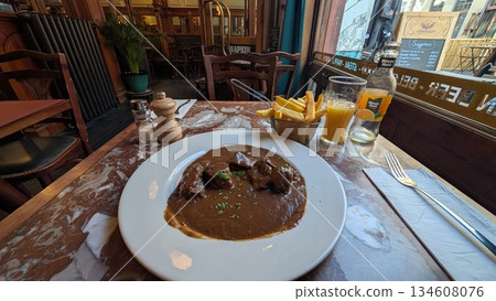 Carbonnade, the traditional beef stew cooked with beer 134608076