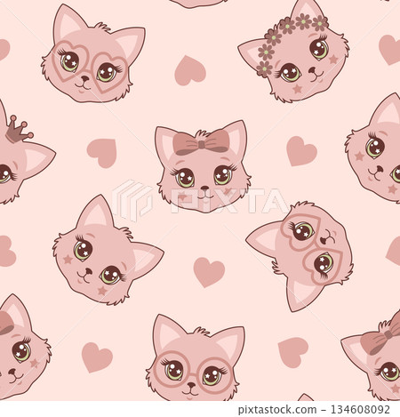 Seamless pattern with cute cat faces scattered with hearts 134608092