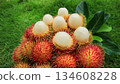 Close up half peeled rambutan fruit in pile. Tropical exotic fruit  134608228
