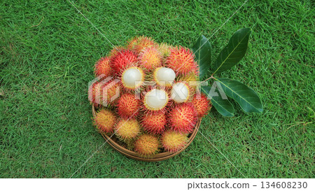Top view ripe and pile rambutan sweet fruit and half peeled showing white flesh in grass background Top view ripe and pile rambutan sweet fruit and half peeled showing white flesh in grass background 134608230