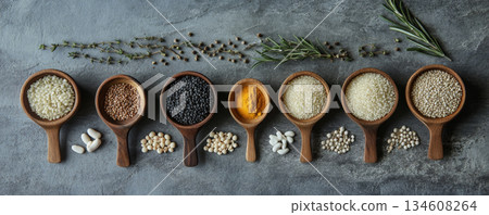Wooden spoons with spices and grains arranged in a row on stone background 134608264