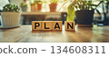 Wooden Blocks Spelling Plan on a Table, Office Banner 134608311