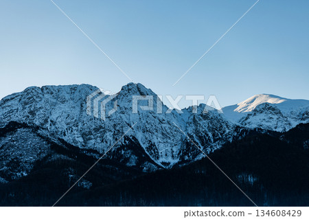 Panoramic view of rugged, snow-covered mountain peaks. Clear winter atmosphere and dark pine slopes. Remote wilderness scenery 134608429