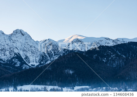 Majestic snow-capped mountain peaks rise above dark, dense coniferous forests under a pale winter sky. The contrast of light and shadow in a mountain landscape. Zakopane Majestic snow-capped mountain peaks rise above dark, dense coniferous forests under a pale winter sky. The contrast of light and shadow in a mountain landscape. Zakopane 134608436